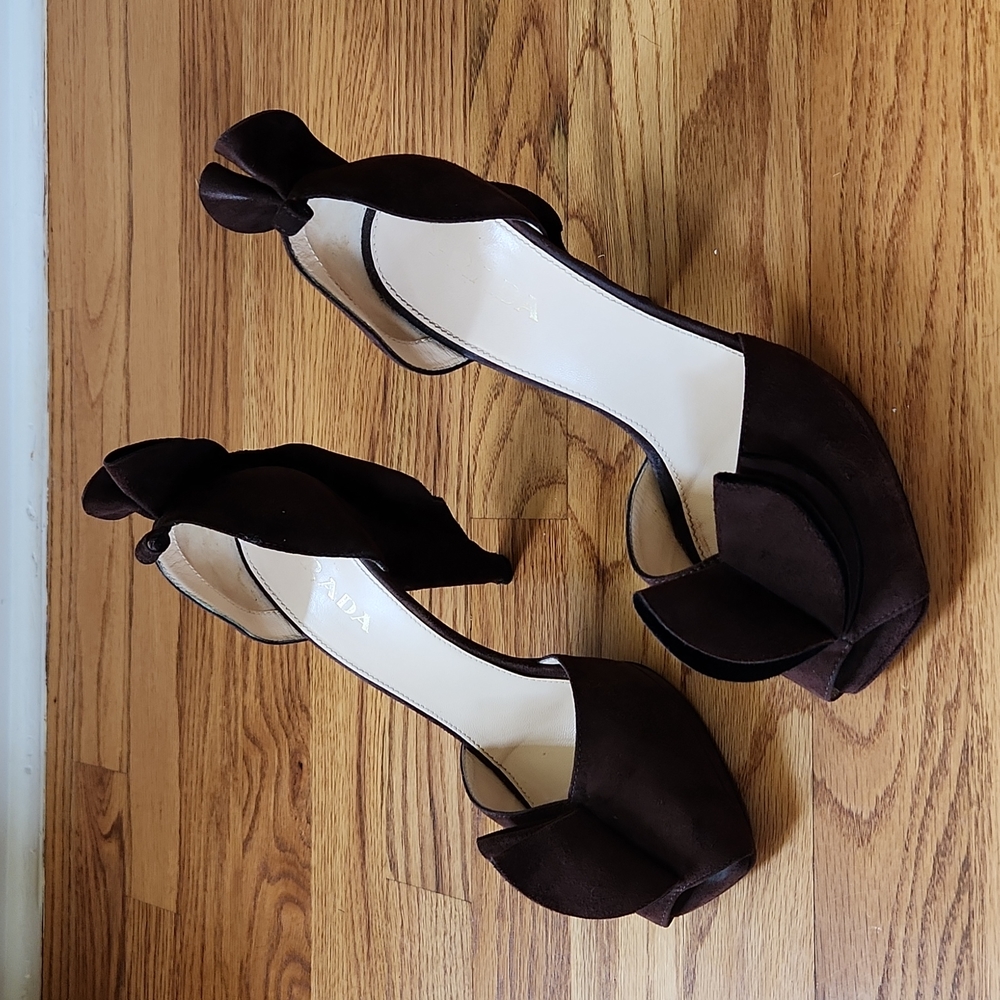 Prada Chocolate Suede Flower Petal Peeptoe Pumps.